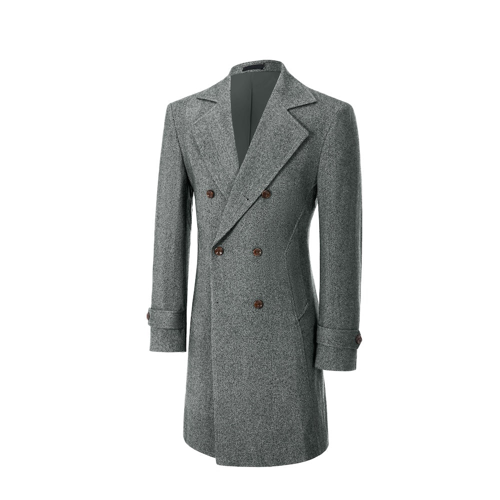 Green double-breasted outdoor coat for men – angled side view