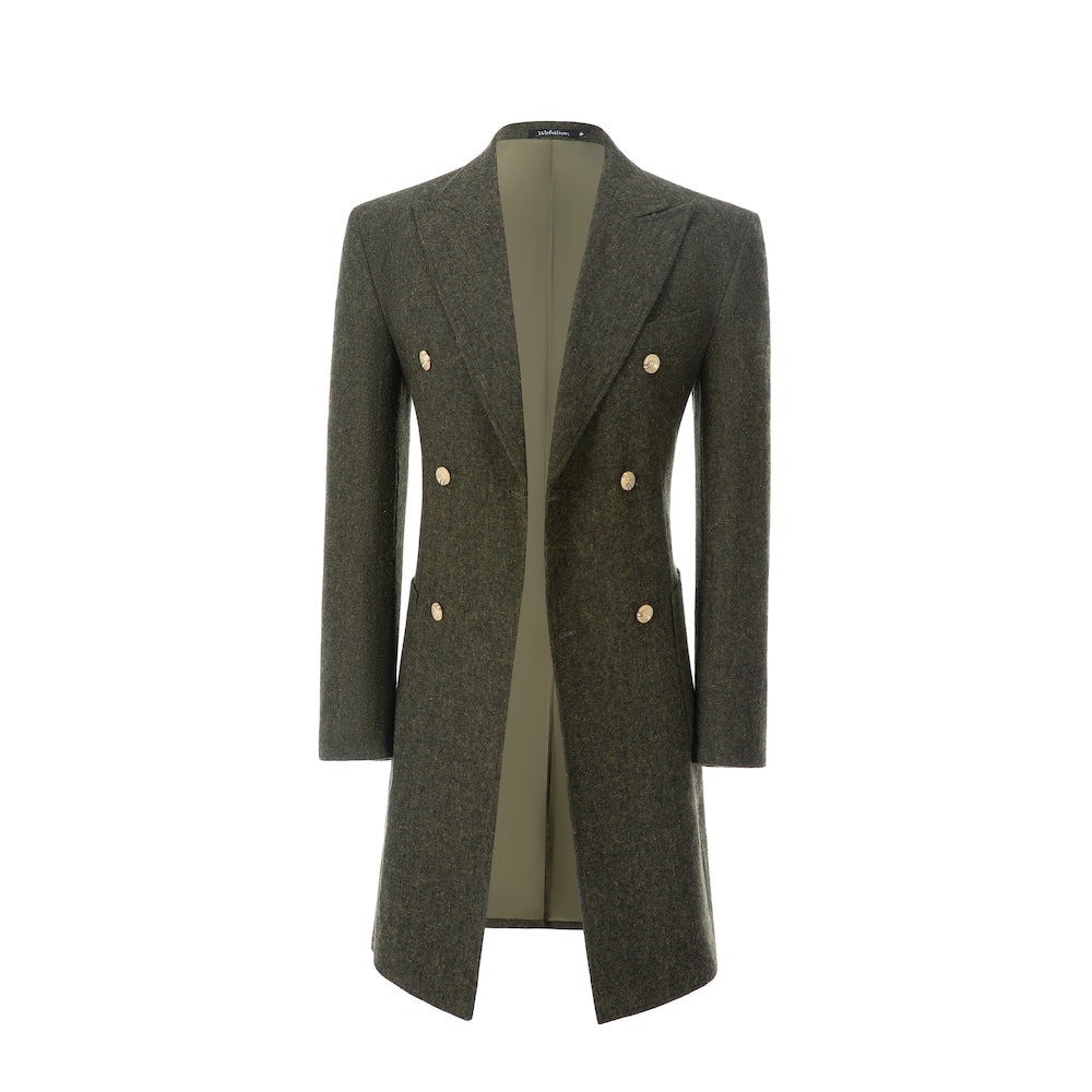 Open front display of green double breasted men’s overcoat – wool winter coat