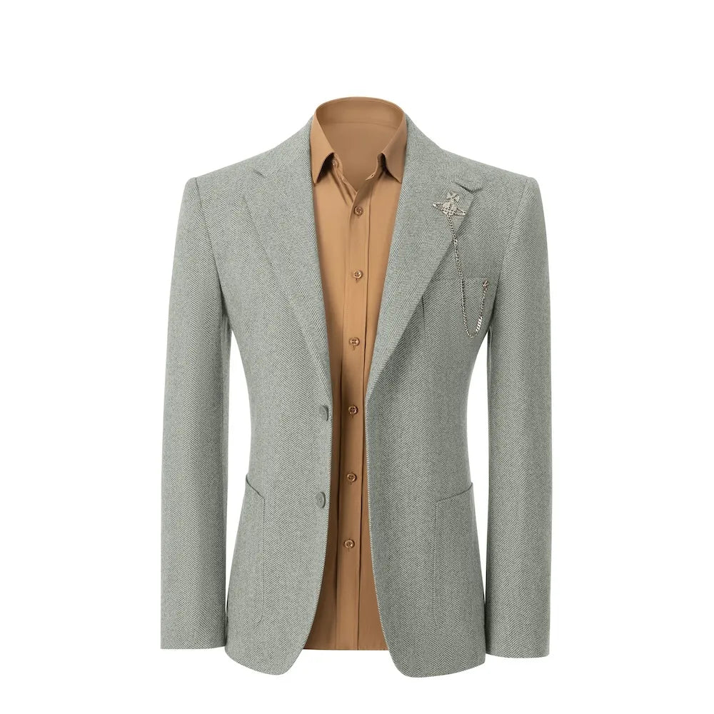 front view of green herringbone wool 2 piece suit blazer – showcasing classic business winter fit with tailored design