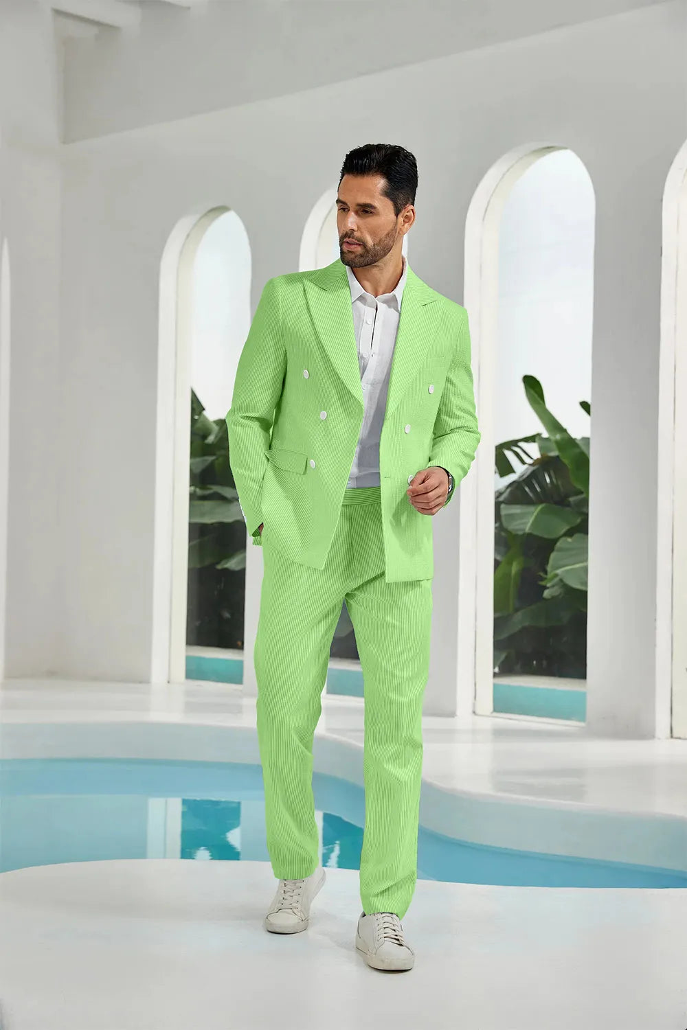 Green seersucker double breasted blazer pants 2 piece men's summer suit upgrade version on model