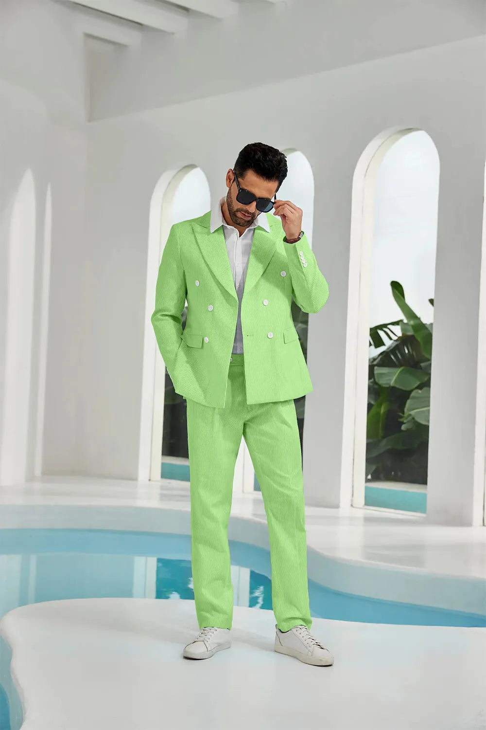 Green seersucker double breasted blazer pants 2 piece men's summer suit upgrade version front display