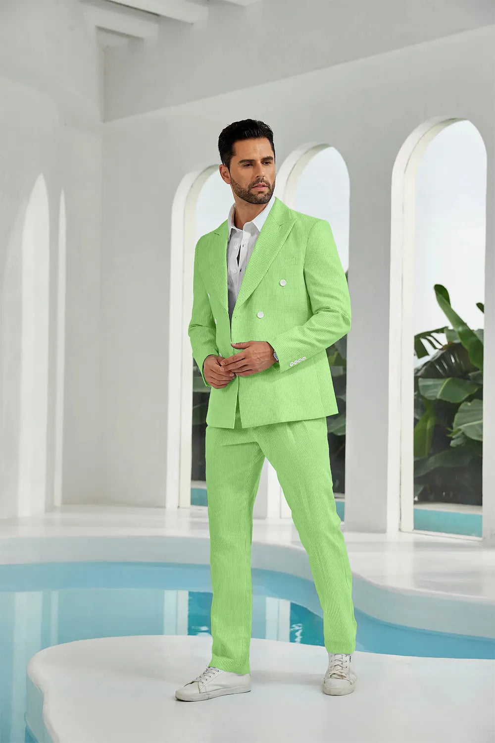 Green seersucker double breasted blazer pants 2 piece men's summer suit upgrade version side display