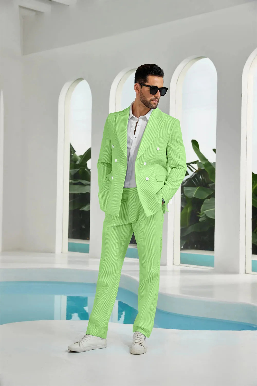 Green seersucker double breasted blazer pants 2 piece men's summer suit upgrade version