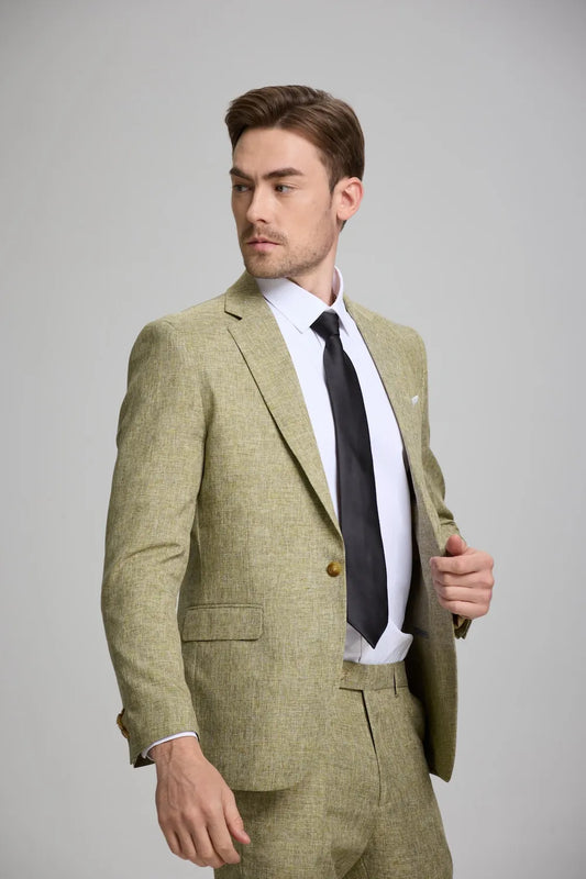 side view of men's green lightweight 2-piece suit with a tailored blazer and trousers, ideal for work or casual gatherings.