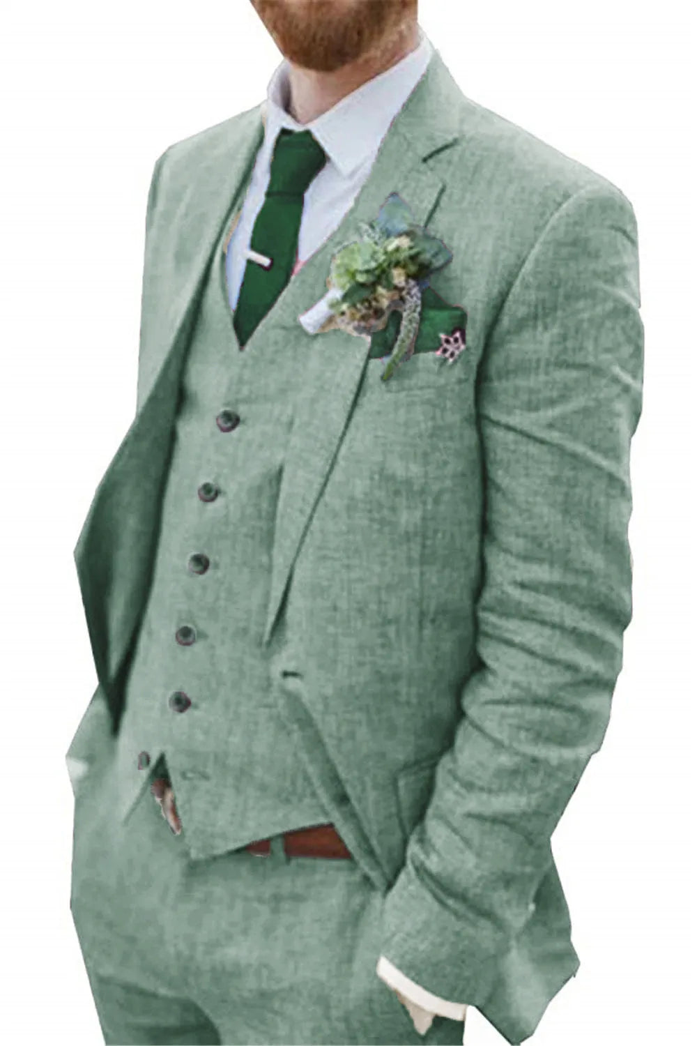 Close-up of green linen 3 piece suit for men – tailored vest, matching blazer, and pants, styled with white shirt and dark tie for beach wedding look