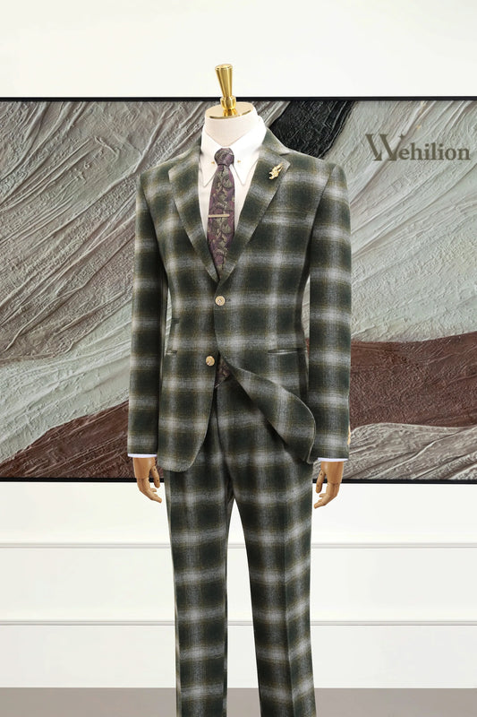 Men's Green Plaid Herringbone 2 Piece Suits