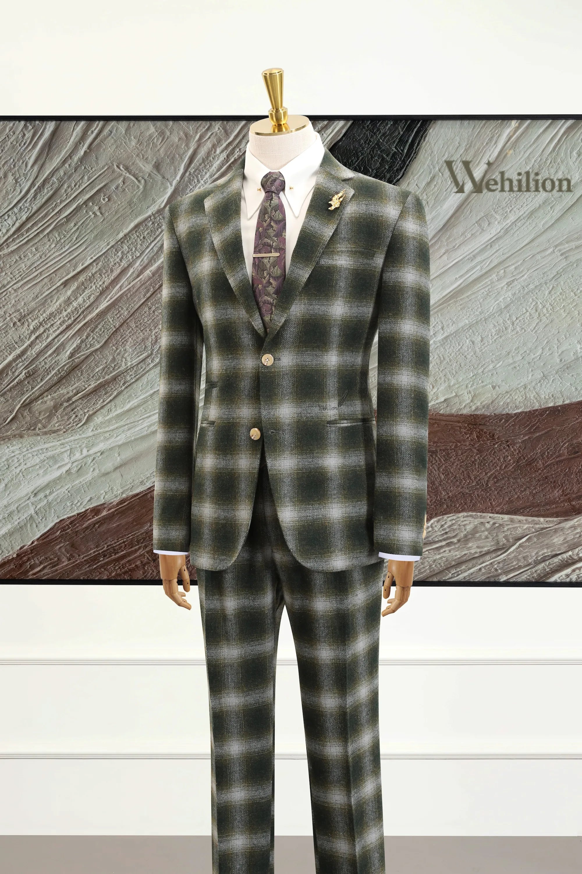 Men's Green Plaid Herringbone 2 Piece Suits