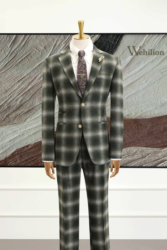 Men's Green Plaid Herringbone 2 Piece Suits