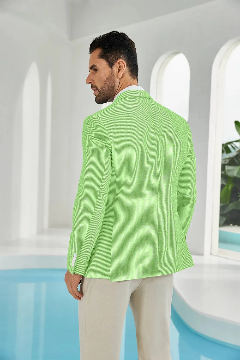Green-white seersucker striped men's summer blazer back display