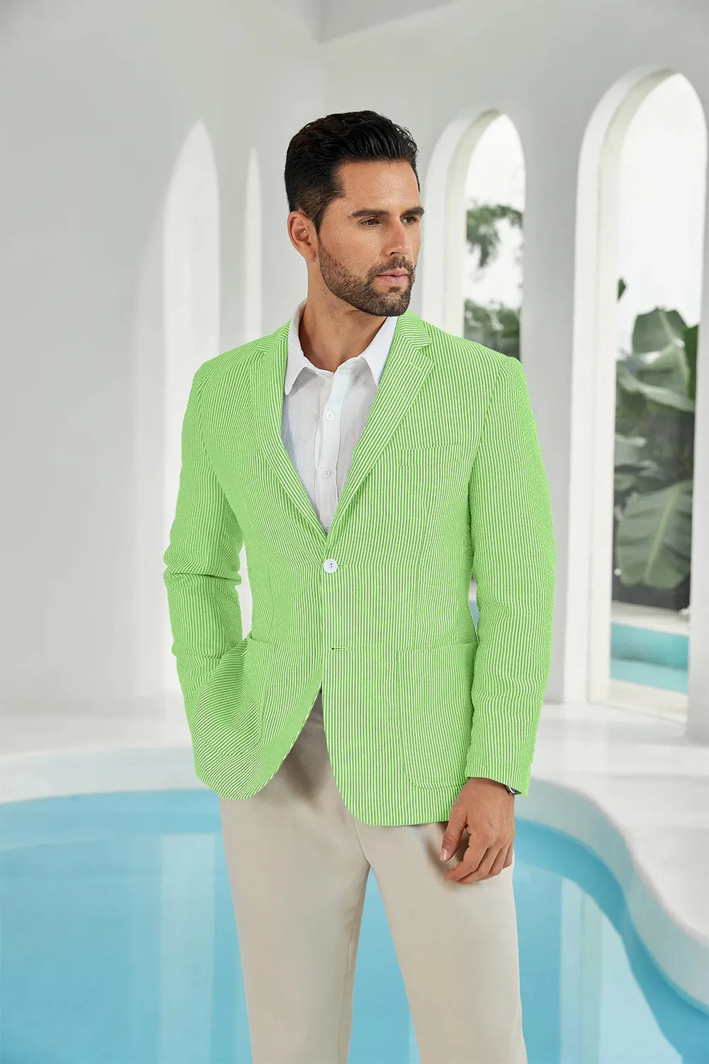 Green-white seersucker striped men's summer blazer close up