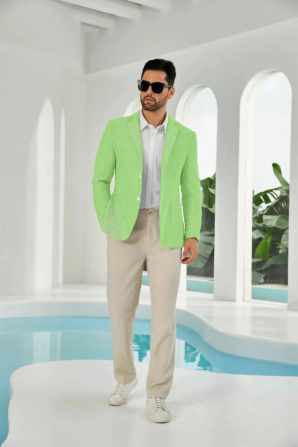 Green-white seersucker striped men's summer blazer front display