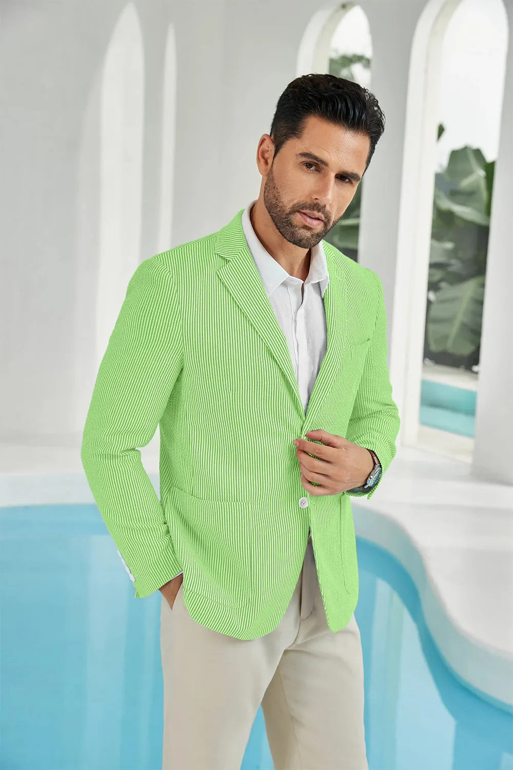 Green-white seersucker striped men's summer blazer