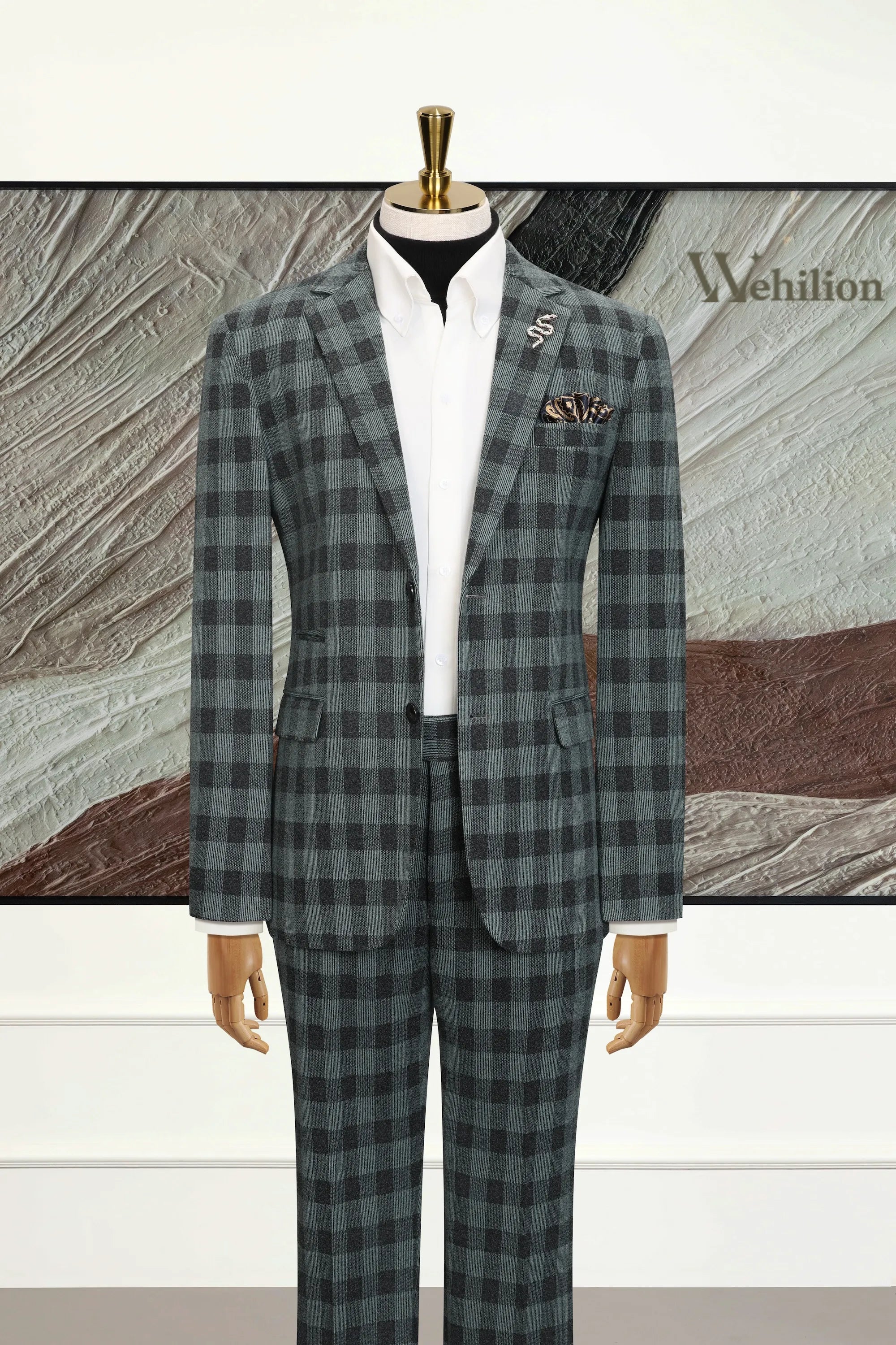 Men's Green Plaid Wool Blend 2 Piece Suits