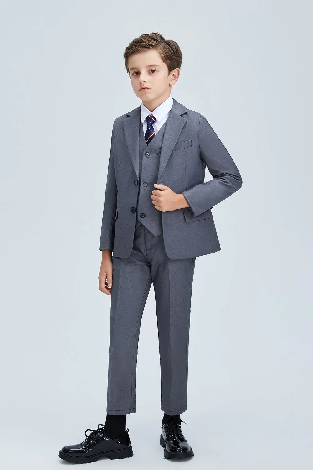 Gray boys' classic 5-piece suit - formal prom outfit with striped tie and fitted blazer