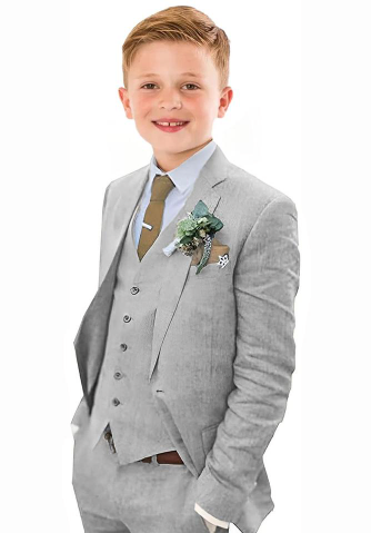 Grey 3 piece boys linen suit with vest and jacket – breathable summer wedding outfit