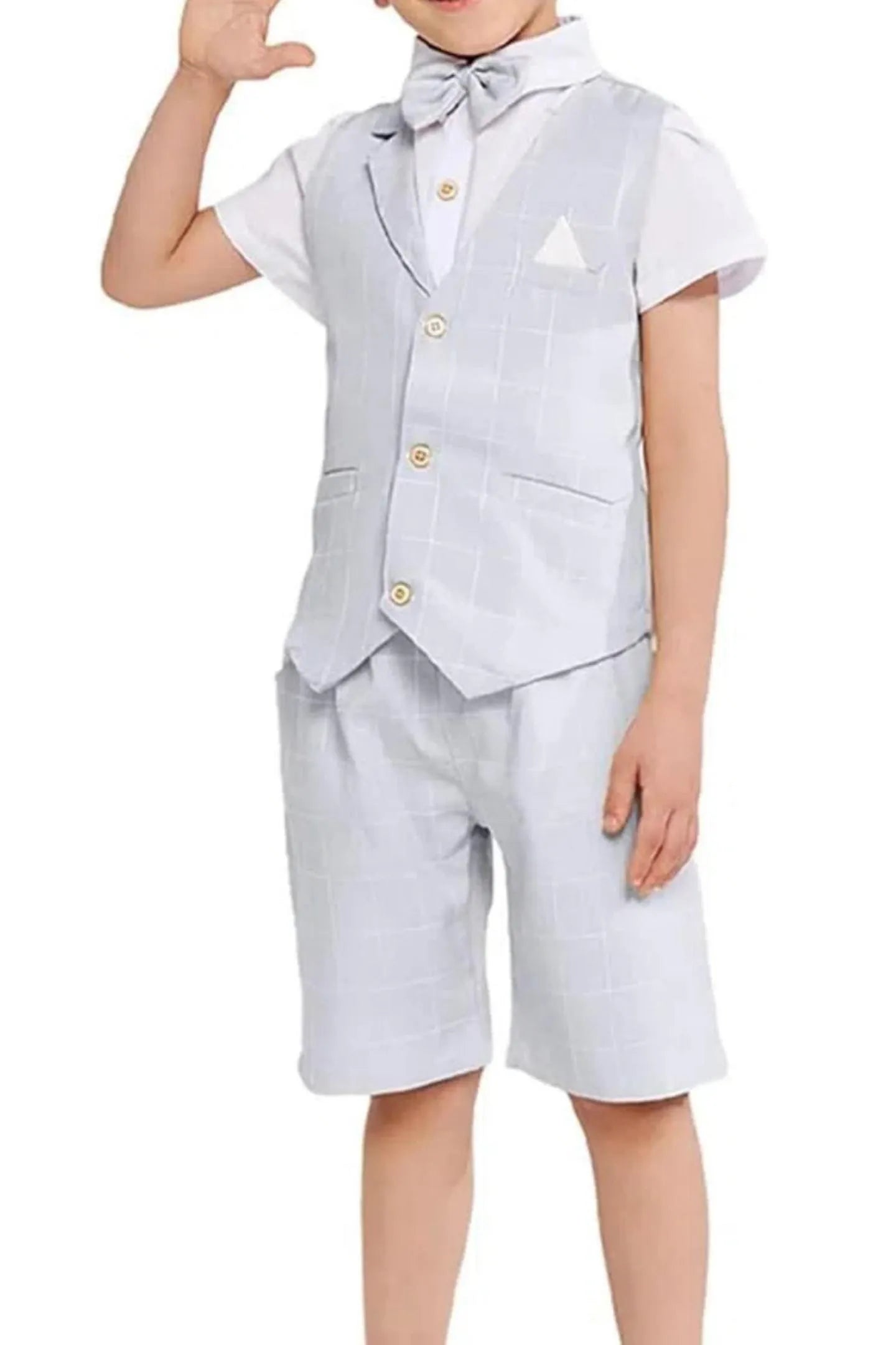 grey plaid boys 4 piece suit with shorts, bow tie, and classic short-sleeve shirt
