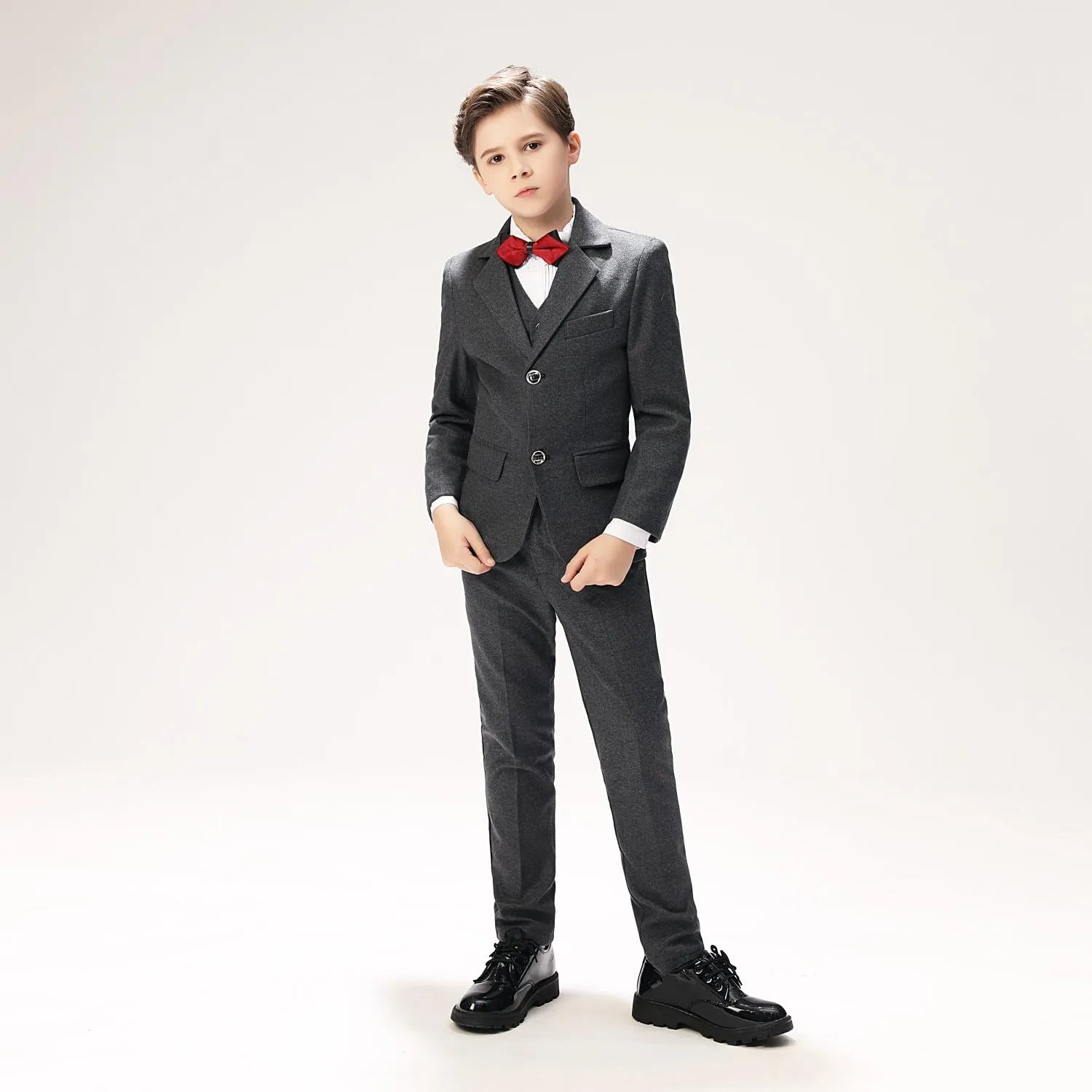 Gray woolen boys' suit - red bow tie, single-breasted blazer for formal prom