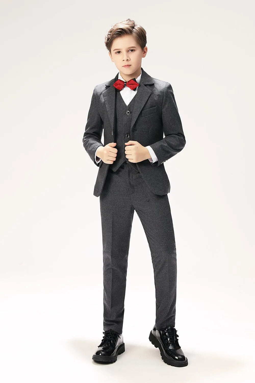Gray woolen boys' 5-piece suit - red bow tie, formal prom outfit with vest