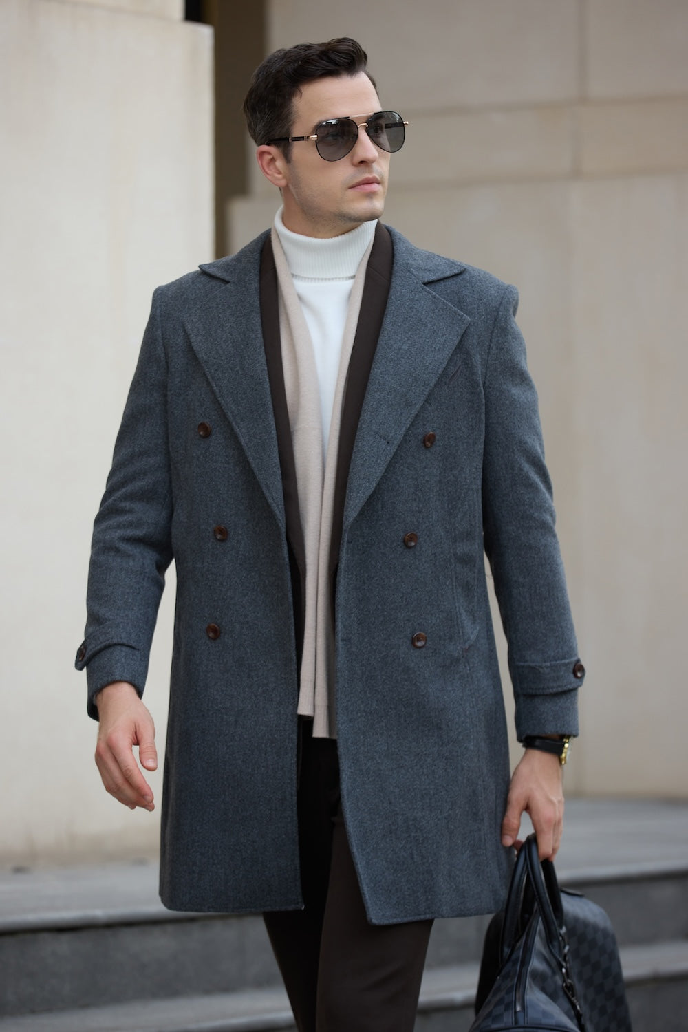 Man wearing grey double breasted business overcoat – winter formal coat for men