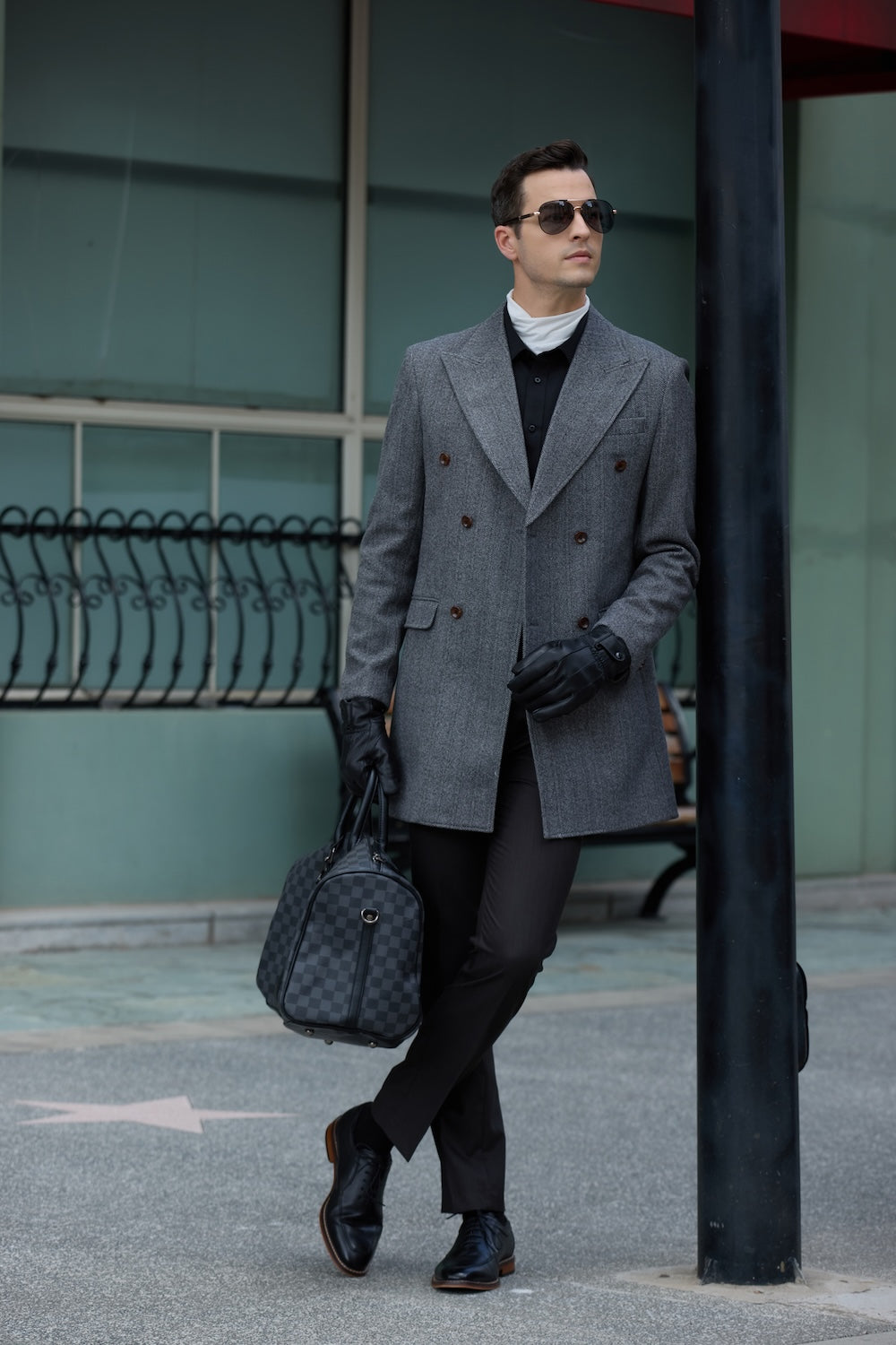 Men's gray wool overcoat - urban double breasted long winter coat, formal casual outerwear with leather gloves in city scene