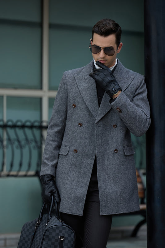 Men's gray wool overcoat - urban double breasted long winter coat, formal casual outerwear with leather gloves and briefcase in city scene
