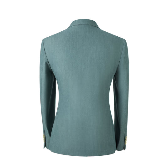 Designer men's teal two button blazer back view - slim fit formal wedding jacket with gold cuff buttons