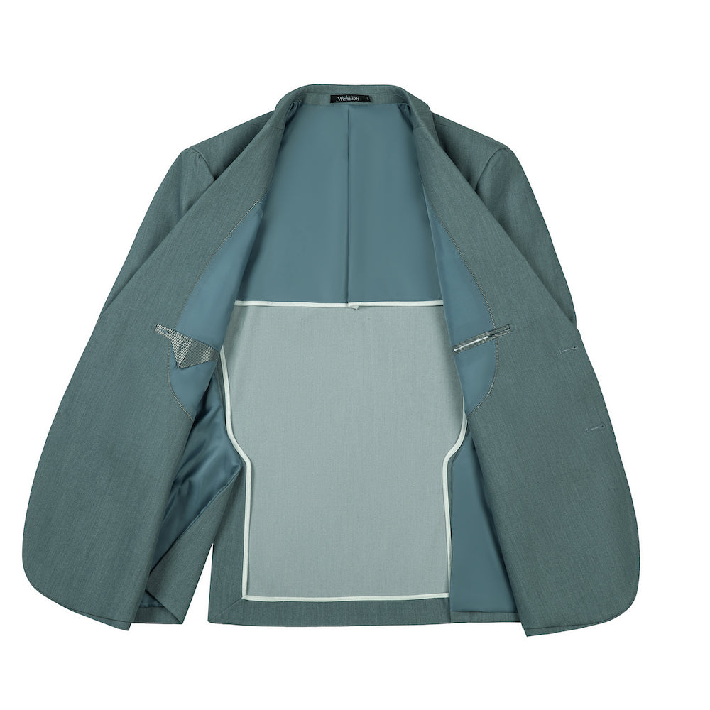 Men's sage green blazer lining detail - blue-gray inner fabric with zipper pockets & formal wedding jacket interior