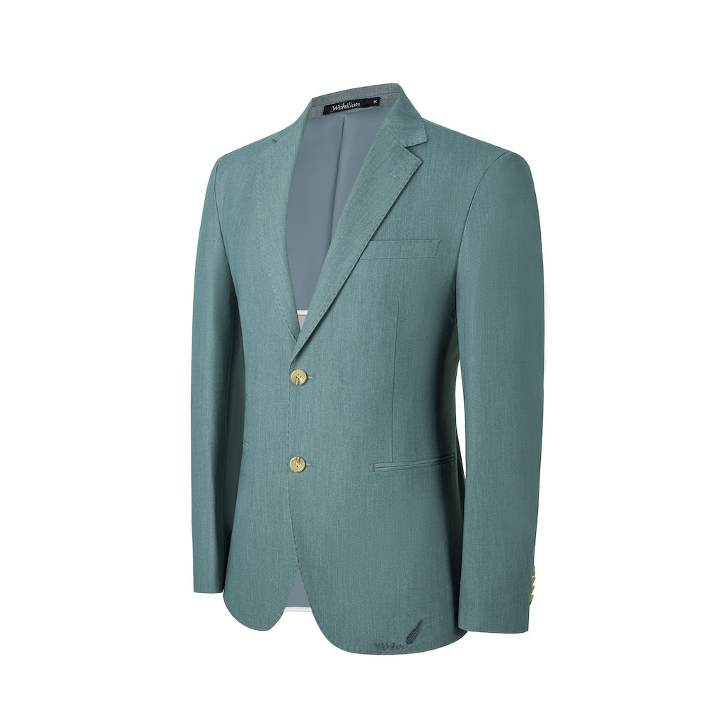 Designer men's sage green two button blazer - slim fit formal wedding jacket with gold buttons