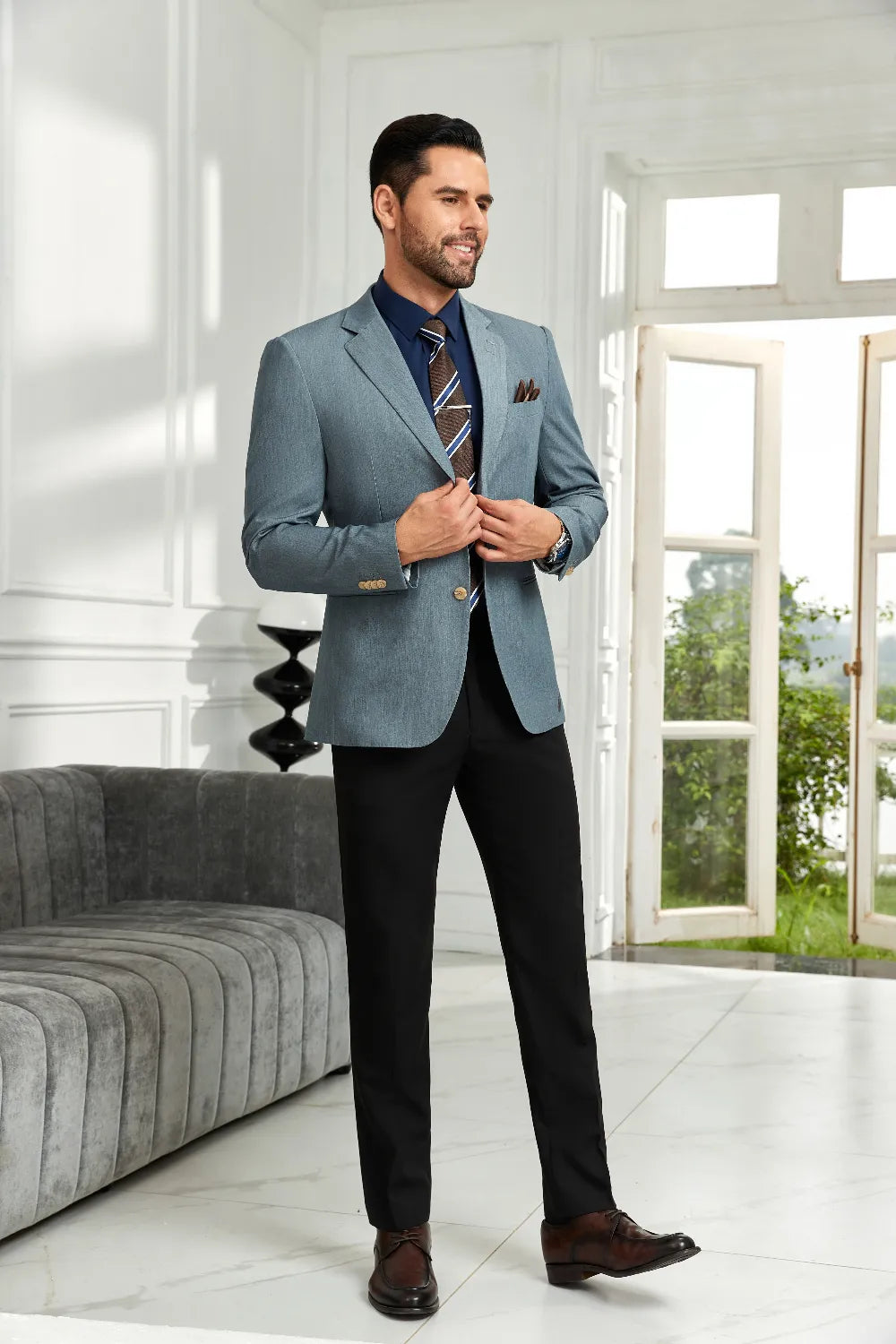 Men's Grey Green Casual Two Button Blazer