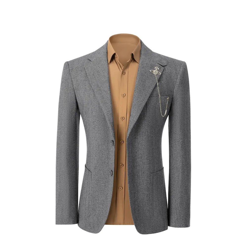 front view of grey herringbone wool 2 piece suit blazer – showcasing classic winter business fit with tailored design