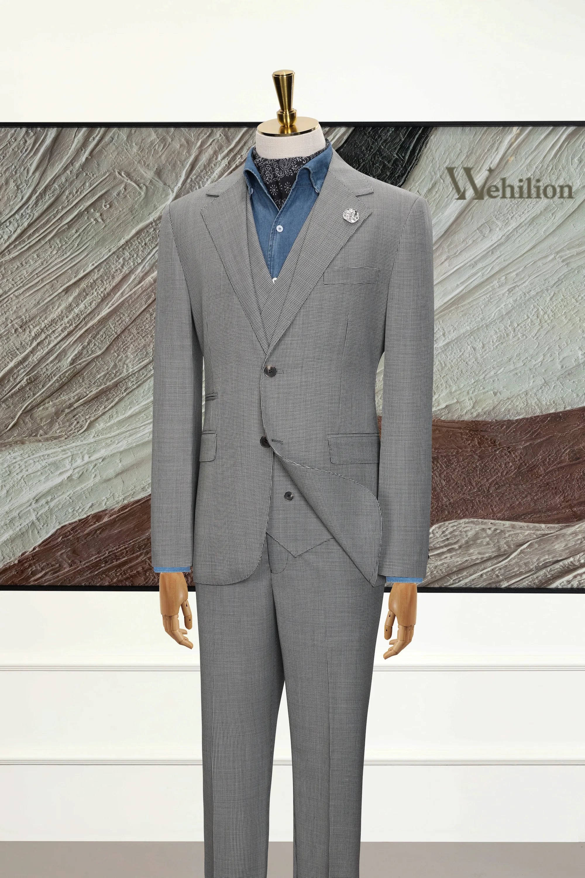 Men's Grey Houndstooth Herringbone 3 Piece Suit