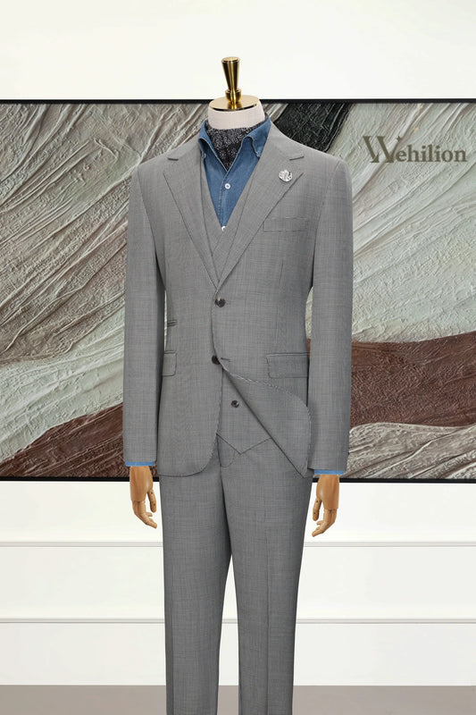 Men's Grey Houndstooth Herringbone 3 Piece Suit