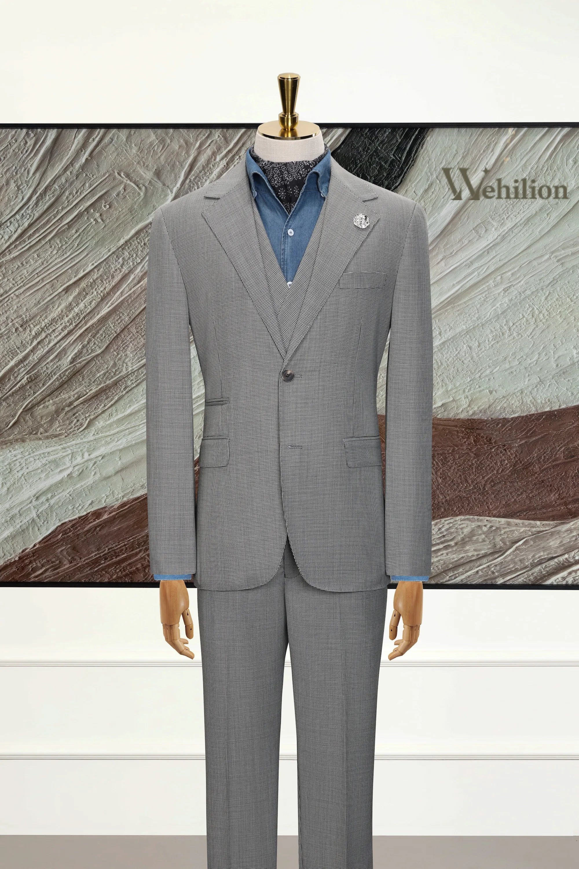 Men's Grey Houndstooth Herringbone 3 Piece Suit
