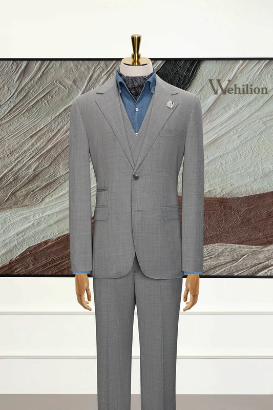 Men's Grey Houndstooth Herringbone 3 Piece Suit