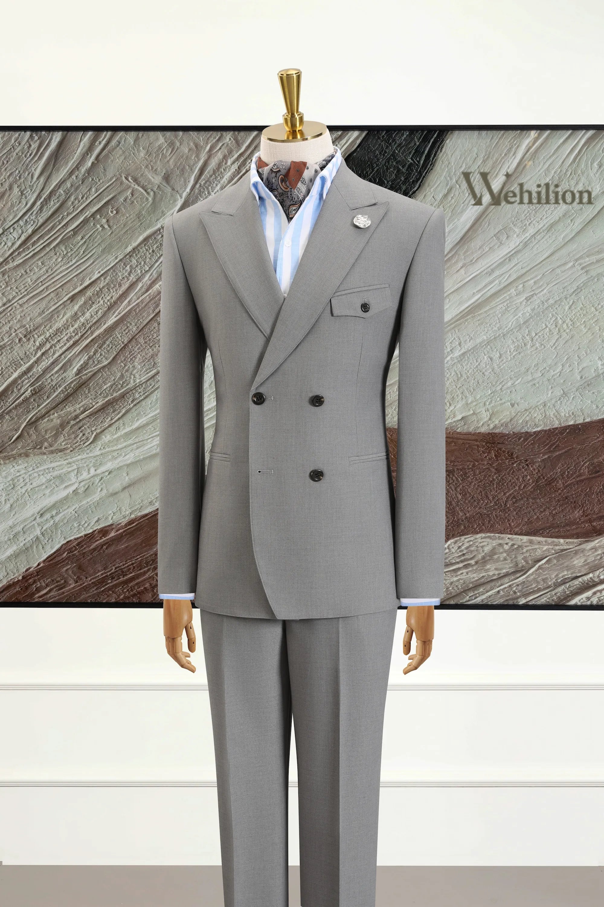 Men's Grey Silk Double-Breasted 2 Piece Suits