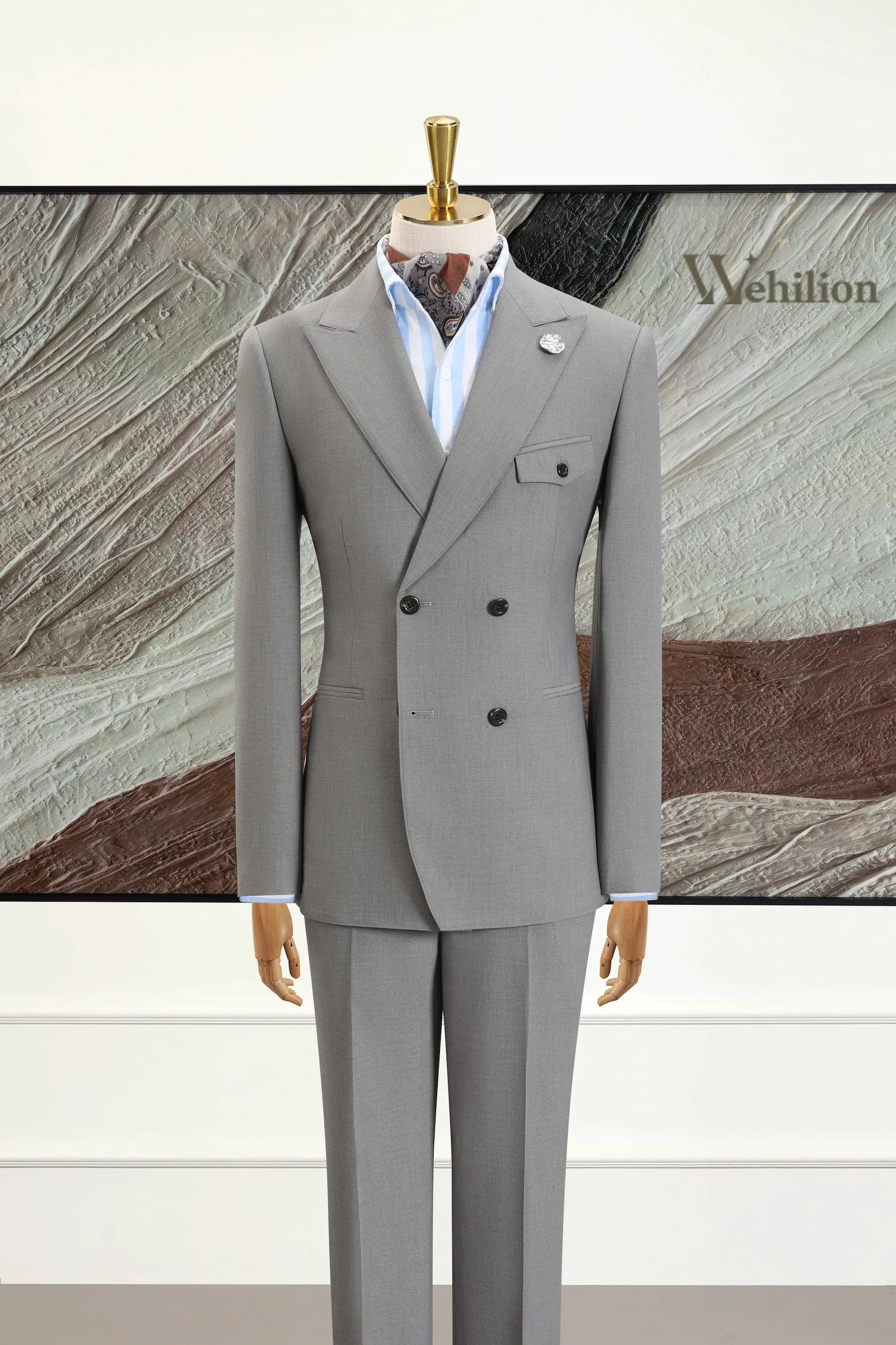 Men's Grey Silk Double-Breasted 2 Piece Suits