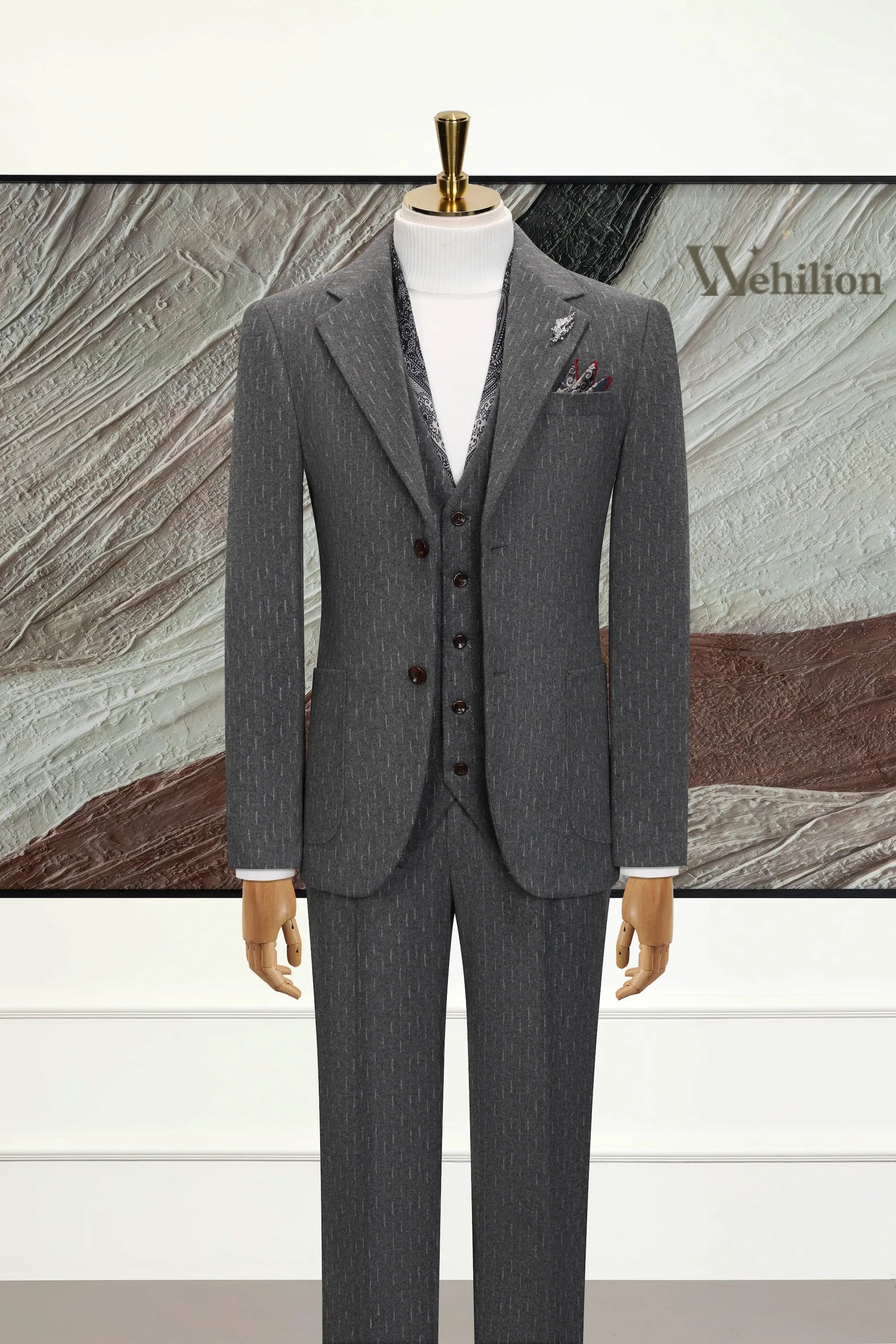 Men's Grey Herringbone 3 Piece Suits