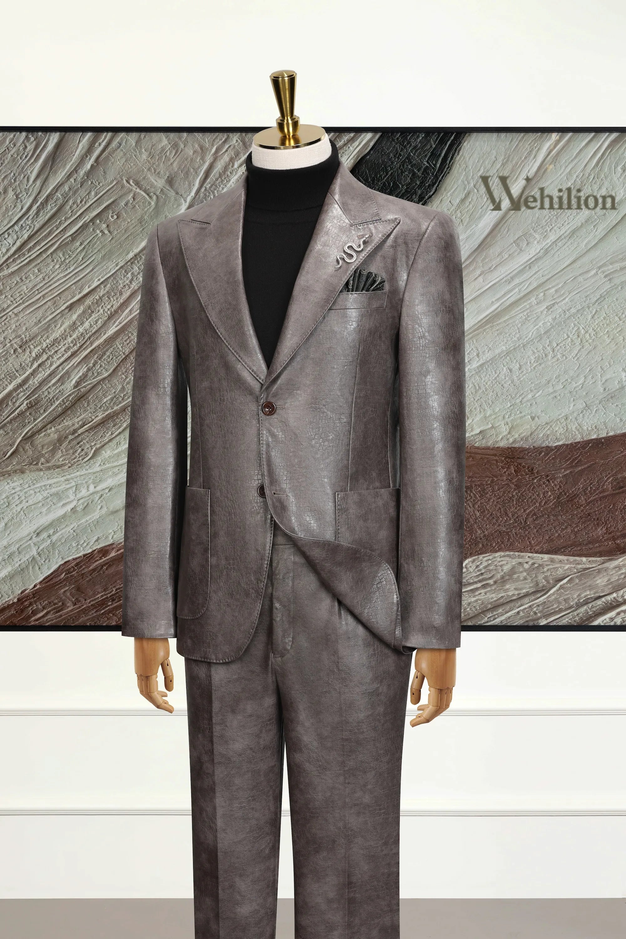Men's Grey Peak Lapel Leather 3 Piece Suit