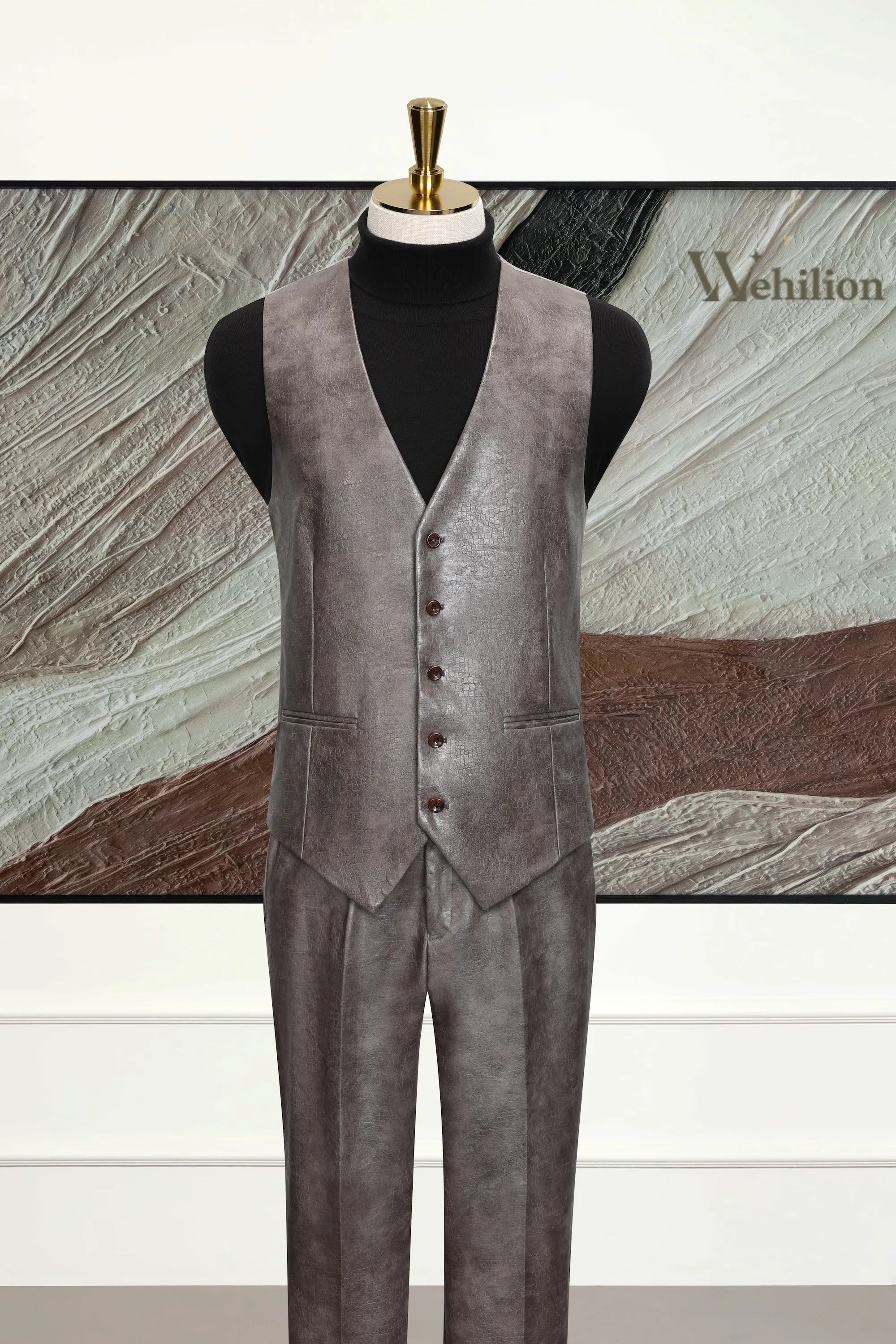 Men's Grey Peak Lapel Leather 3 Piece Suit