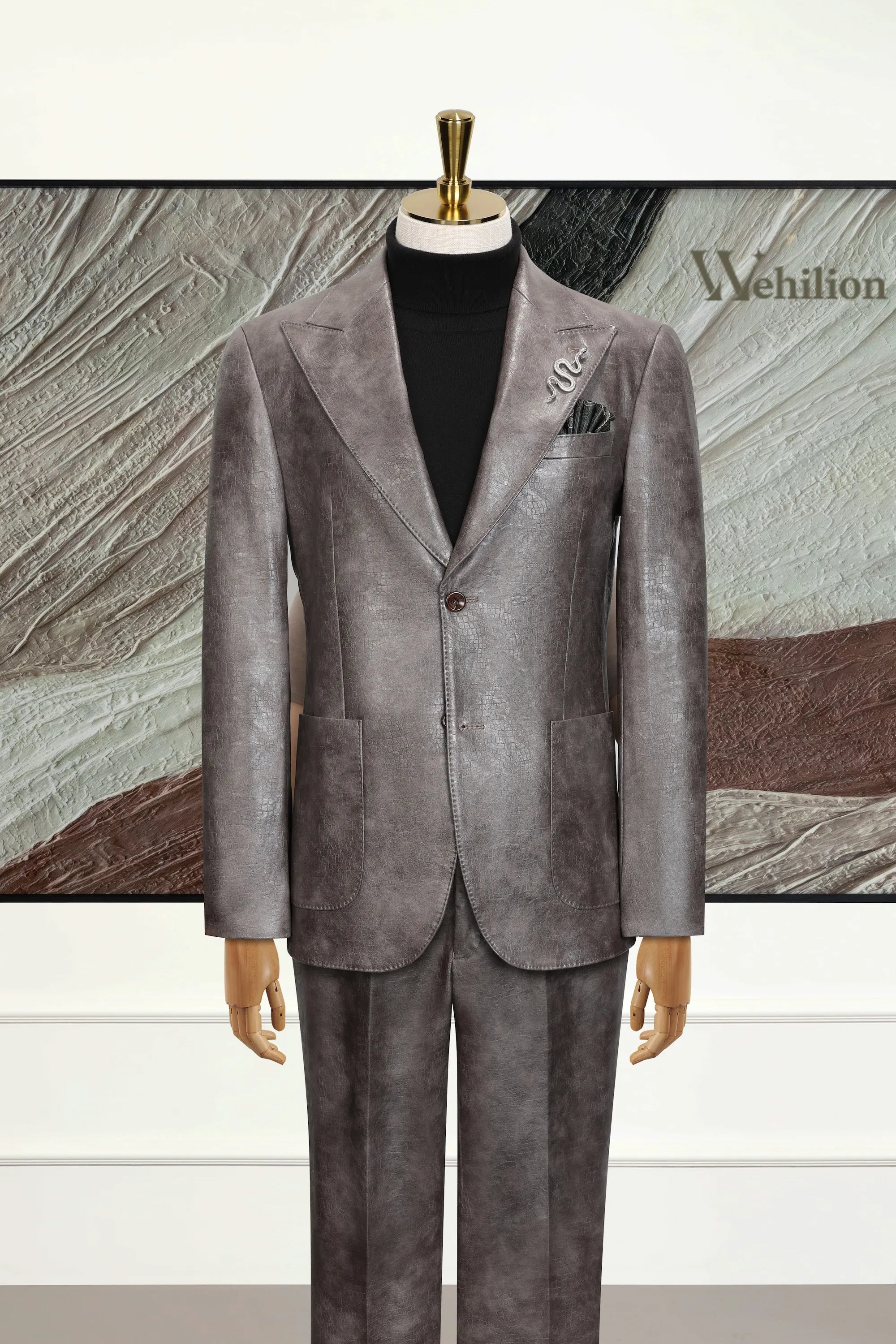 Men's Grey Peak Lapel Leather 3 Piece Suit