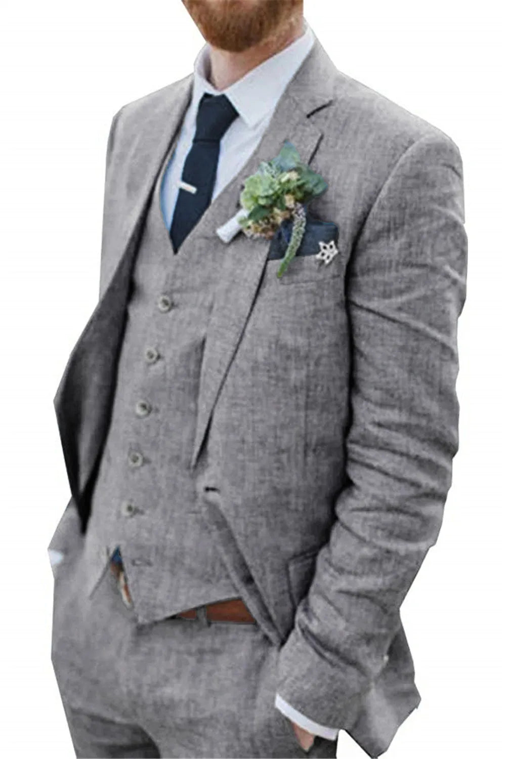 Close-up of men's grey linen 3 piece suit – tailored blazer, vest, and pants set for summer weddings and casual events with boutonniere detail