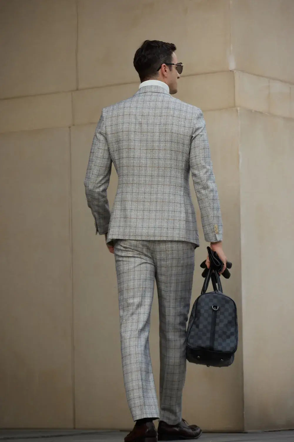 men's grey plaid summer suit pants with stylish accessories – showcasing professional business attire with a modern, lightweight fit