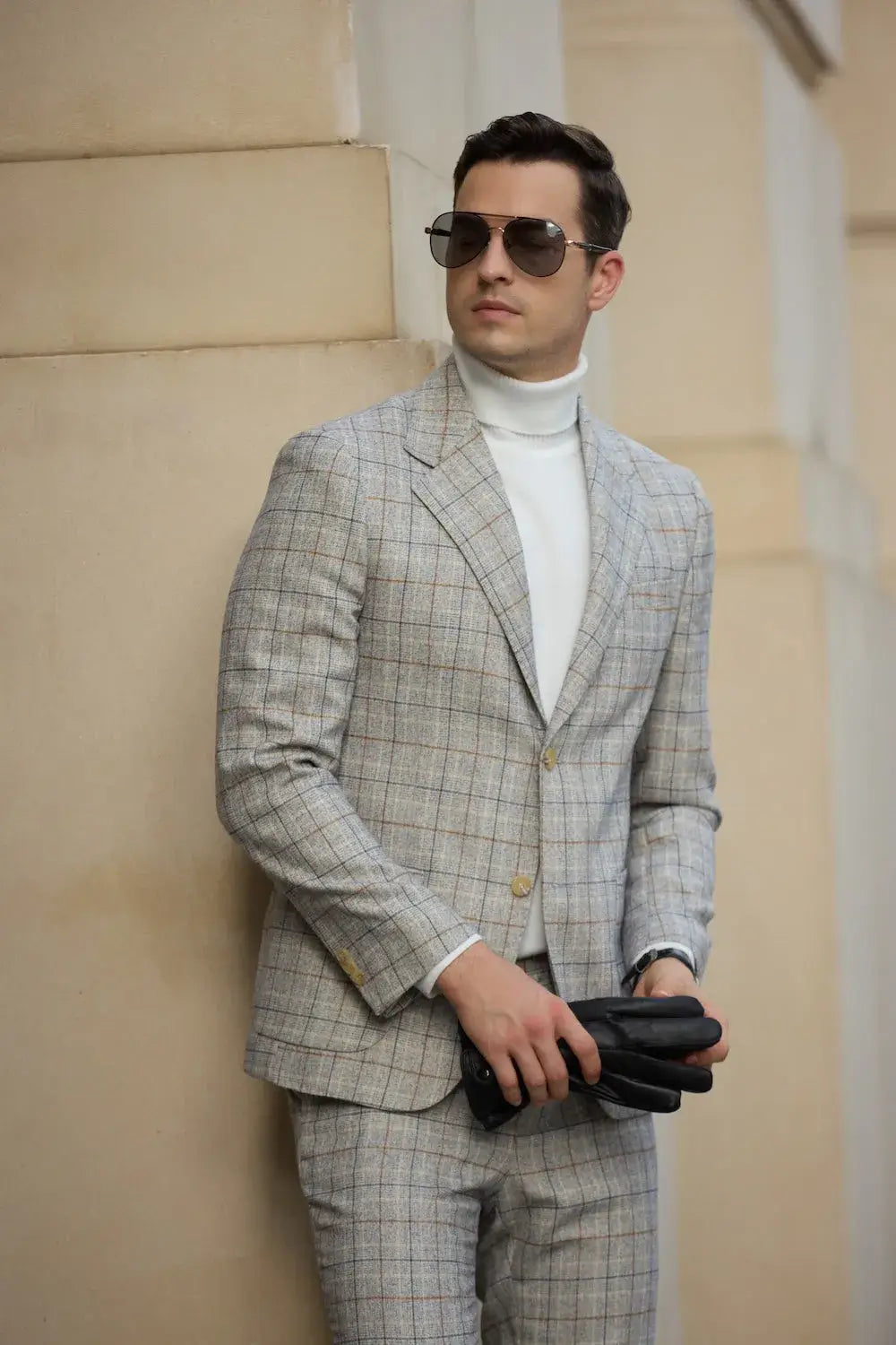 men's grey plaid blazer paired with turtleneck shirt – stylish and professional for business wear, featuring a lightweight design