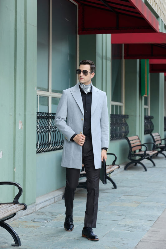 Men's light gray wool blend overcoat - trench style long winter coat for men with gold buttons, casual outerwear in street scene