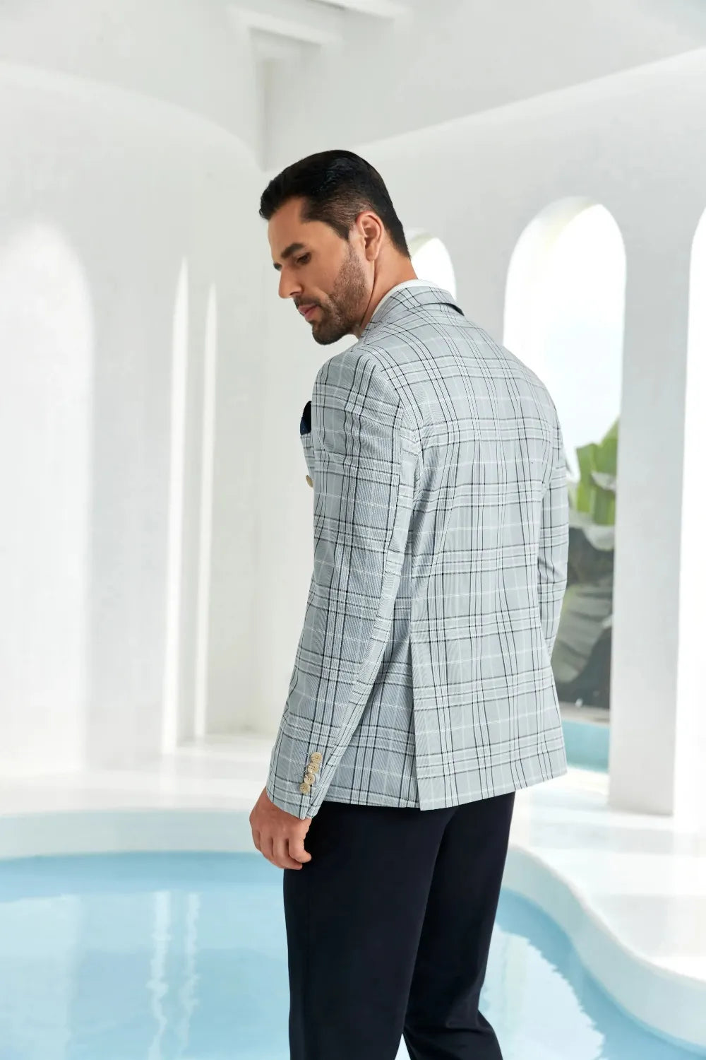 Men's Grey Plaid Double Breasted Peak Lapel Blazer