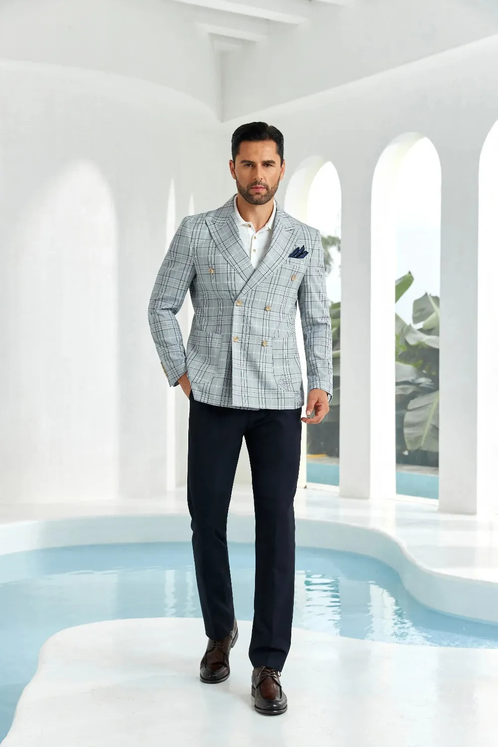 Men's Grey Plaid Double Breasted Peak Lapel Blazer