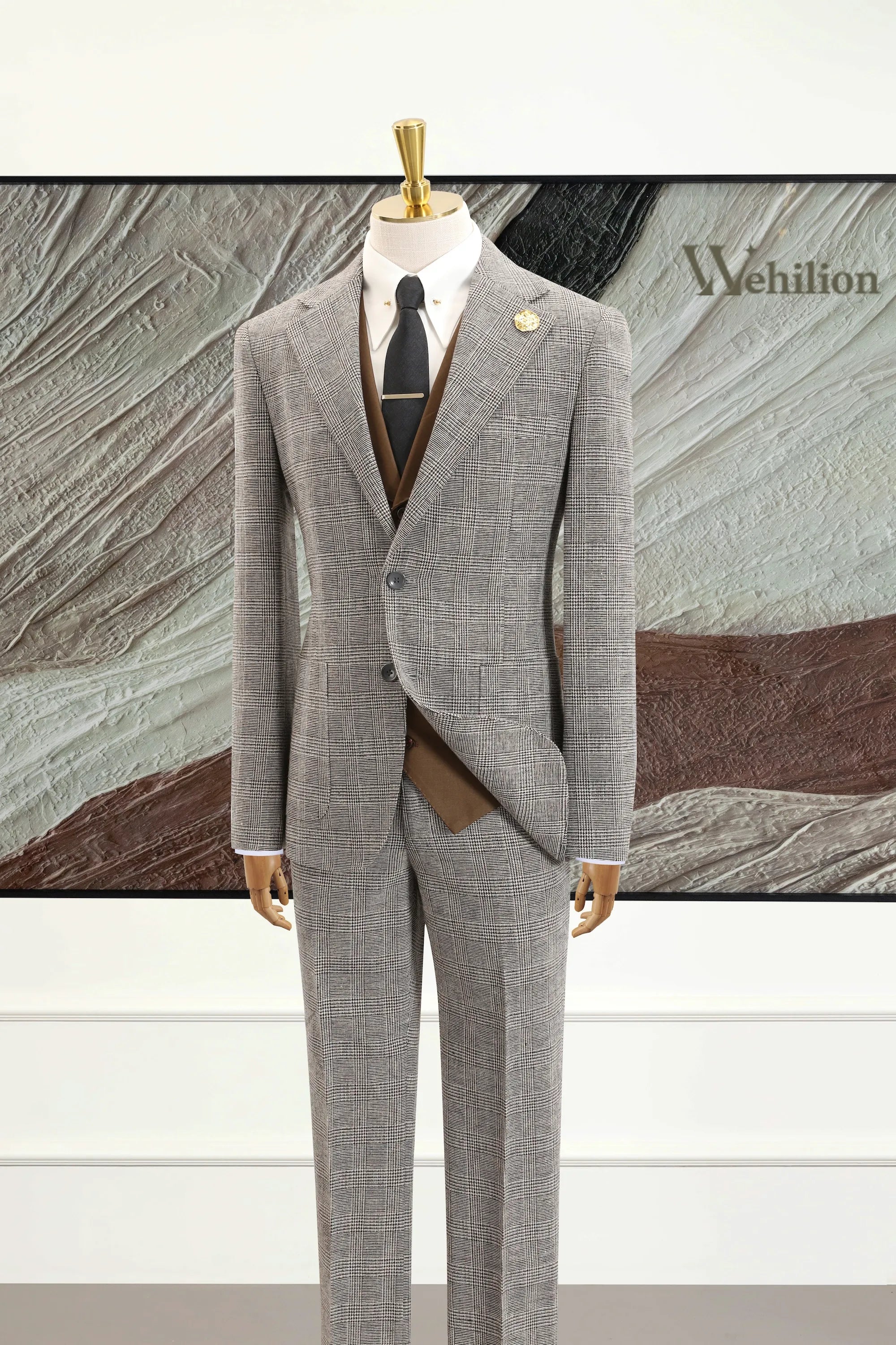 Men's Grey Plaid Woolen 2 Piece Suits