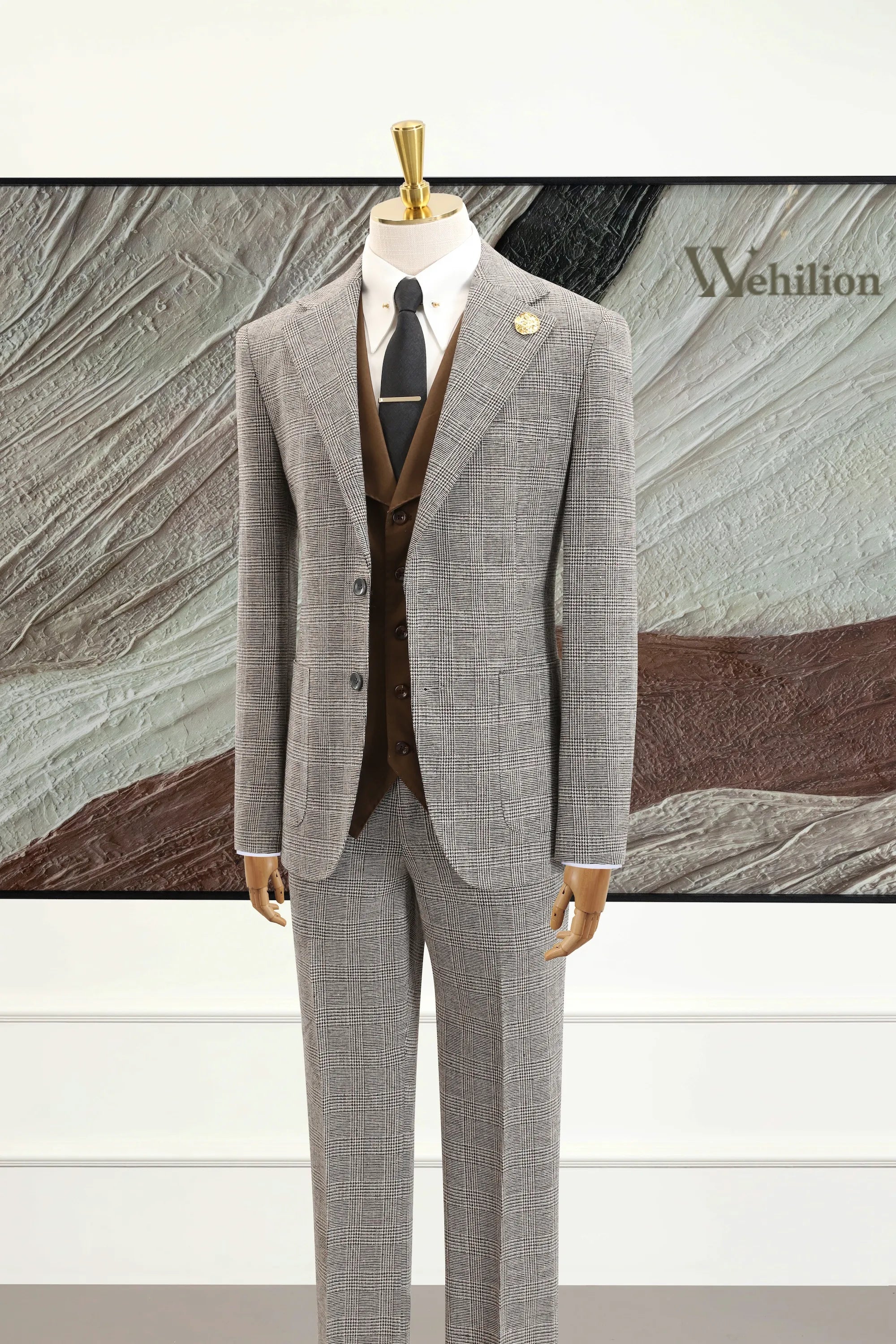 Men's Grey Plaid Woolen 2 Piece Suits