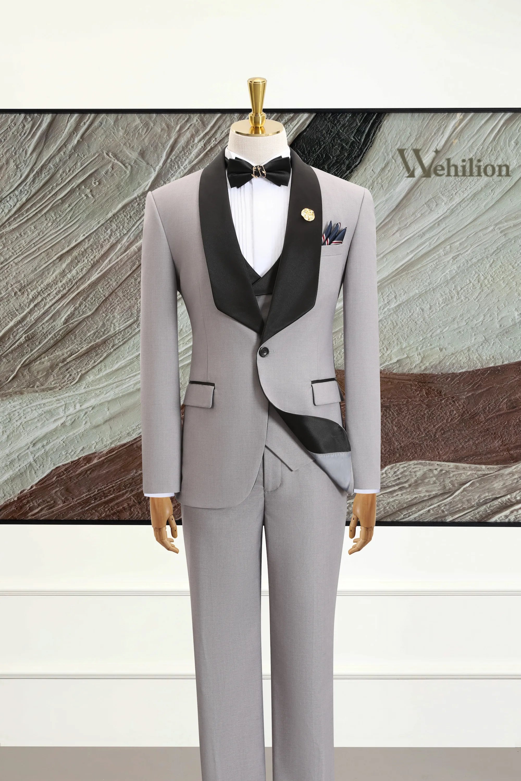 Men's Grey Shawl Lapel 3 Piece Suits