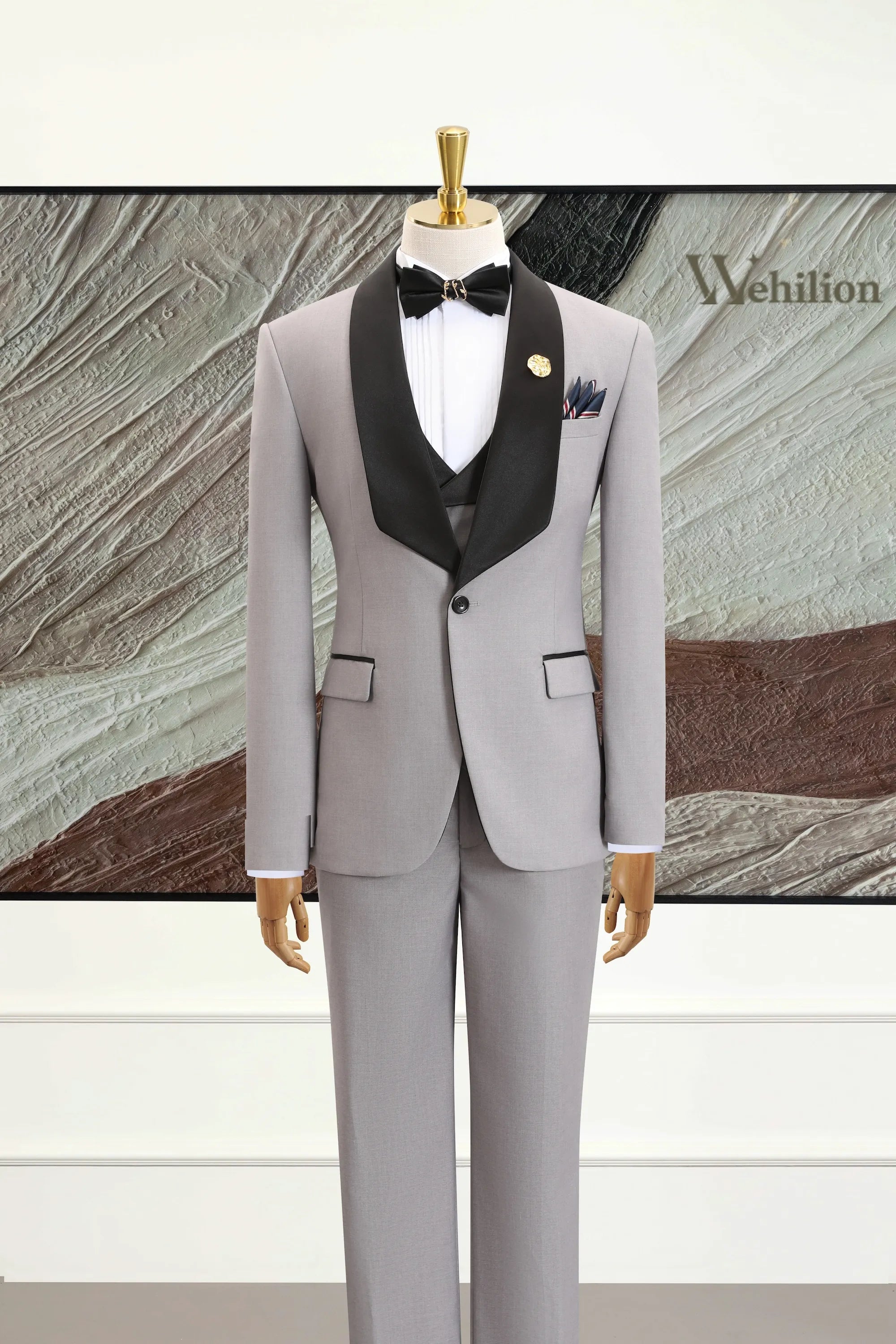 Men's Grey Shawl Lapel 3 Piece Suits
